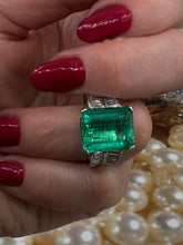 Load image into Gallery viewer, AGL Colombian Green 13.03ctw Emerald &amp; Diamond 18K White Vintage Cocktail Ring