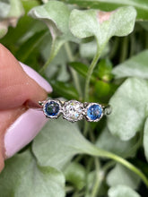 Load image into Gallery viewer, Reserved Art Deco Antique Three Stone Sapphire and Diamond Platinum 18K Yellow Gold Ring