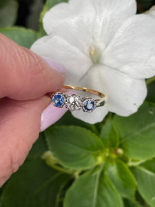 Reserved Art Deco Antique Three Stone Sapphire and Diamond Platinum 18K Yellow Gold Ring