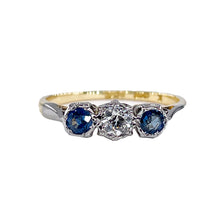 Load image into Gallery viewer, Reserved Art Deco Antique Three Stone Sapphire and Diamond Platinum 18K Yellow Gold Ring