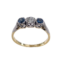 Load image into Gallery viewer, Reserved Art Deco Antique Three Stone Sapphire and Diamond Platinum 18K Yellow Gold Ring