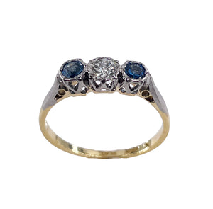 Reserved Art Deco Antique Three Stone Sapphire and Diamond Platinum 18K Yellow Gold Ring