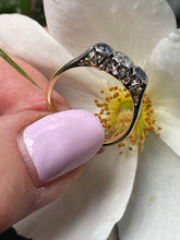 Load image into Gallery viewer, Reserved Art Deco Antique Three Stone Sapphire and Diamond Platinum 18K Yellow Gold Ring