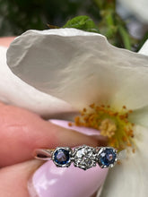 Load image into Gallery viewer, Reserved Art Deco Antique Three Stone Sapphire and Diamond Platinum 18K Yellow Gold Ring