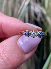 Load image into Gallery viewer, Reserved Art Deco Antique Three Stone Sapphire and Diamond Platinum 18K Yellow Gold Ring