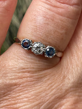 Load image into Gallery viewer, Reserved Art Deco Antique Three Stone Sapphire and Diamond Platinum 18K Yellow Gold Ring