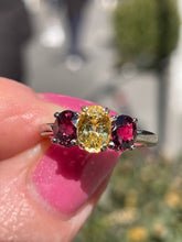 Load image into Gallery viewer, Vintage GIA 2.57ct No-Heat Yellow Sapphire Ruby Trilogy Platinum 18K Gold Ring