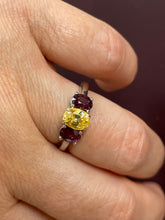 Load image into Gallery viewer, Vintage GIA 2.57ct No-Heat Yellow Sapphire Ruby Trilogy Platinum 18K Gold Ring