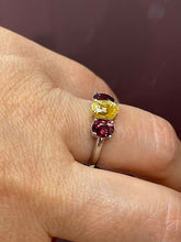 Load image into Gallery viewer, Vintage GIA 2.57ct No-Heat Yellow Sapphire Ruby Trilogy Platinum 18K Gold Ring