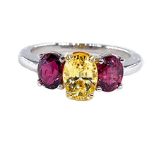 Load image into Gallery viewer, Vintage GIA 2.57ct No-Heat Yellow Sapphire Ruby Trilogy Platinum 18K Gold Ring
