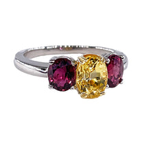 Load image into Gallery viewer, Vintage GIA 2.57ct No-Heat Yellow Sapphire Ruby Trilogy Platinum 18K Gold Ring