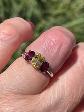 Load image into Gallery viewer, Vintage GIA 2.57ct No-Heat Yellow Sapphire Ruby Trilogy Platinum 18K Gold Ring
