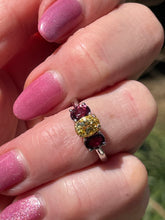 Load image into Gallery viewer, Vintage GIA 2.57ct No-Heat Yellow Sapphire Ruby Trilogy Platinum 18K Gold Ring