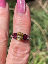 Load image into Gallery viewer, Vintage GIA 2.57ct No-Heat Yellow Sapphire Ruby Trilogy Platinum 18K Gold Ring