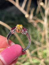Load image into Gallery viewer, Vintage GIA 2.57ct No-Heat Yellow Sapphire Ruby Trilogy Platinum 18K Gold Ring