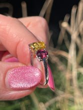 Load image into Gallery viewer, Vintage GIA 2.57ct No-Heat Yellow Sapphire Ruby Trilogy Platinum 18K Gold Ring
