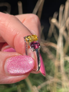 Vintage GIA 2.57ct No-Heat Yellow Sapphire Ruby Trilogy Platinum 18K Gold Ring