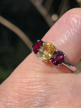Load image into Gallery viewer, Vintage GIA 2.57ct No-Heat Yellow Sapphire Ruby Trilogy Platinum 18K Gold Ring