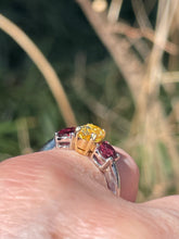 Load image into Gallery viewer, Vintage GIA 2.57ct No-Heat Yellow Sapphire Ruby Trilogy Platinum 18K Gold Ring