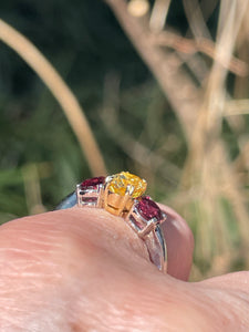 Vintage GIA 2.57ct No-Heat Yellow Sapphire Ruby Trilogy Platinum 18K Gold Ring