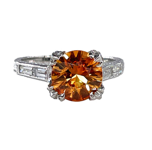 Vintage Art-Deco Style GIA 3.35ct Orange Round  Sapphire Diamond Platinum Ring