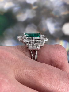 Vintage AGL 5.75cts Insignificant Colombian Green Emerald Diamond 14KW Gold Ring