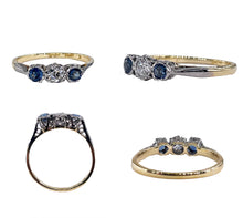 Load image into Gallery viewer, Reserved Art Deco Antique Three Stone Sapphire and Diamond Platinum 18K Yellow Gold Ring