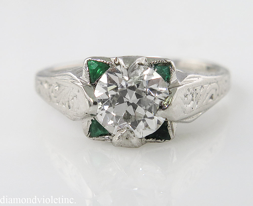 1.34CT ANTIQUE VINTAGE OLD EURO DIAMOND EMERALD ENGAGEMENT WEDDING RING EGL USA/Diamond Violet Company, Inc