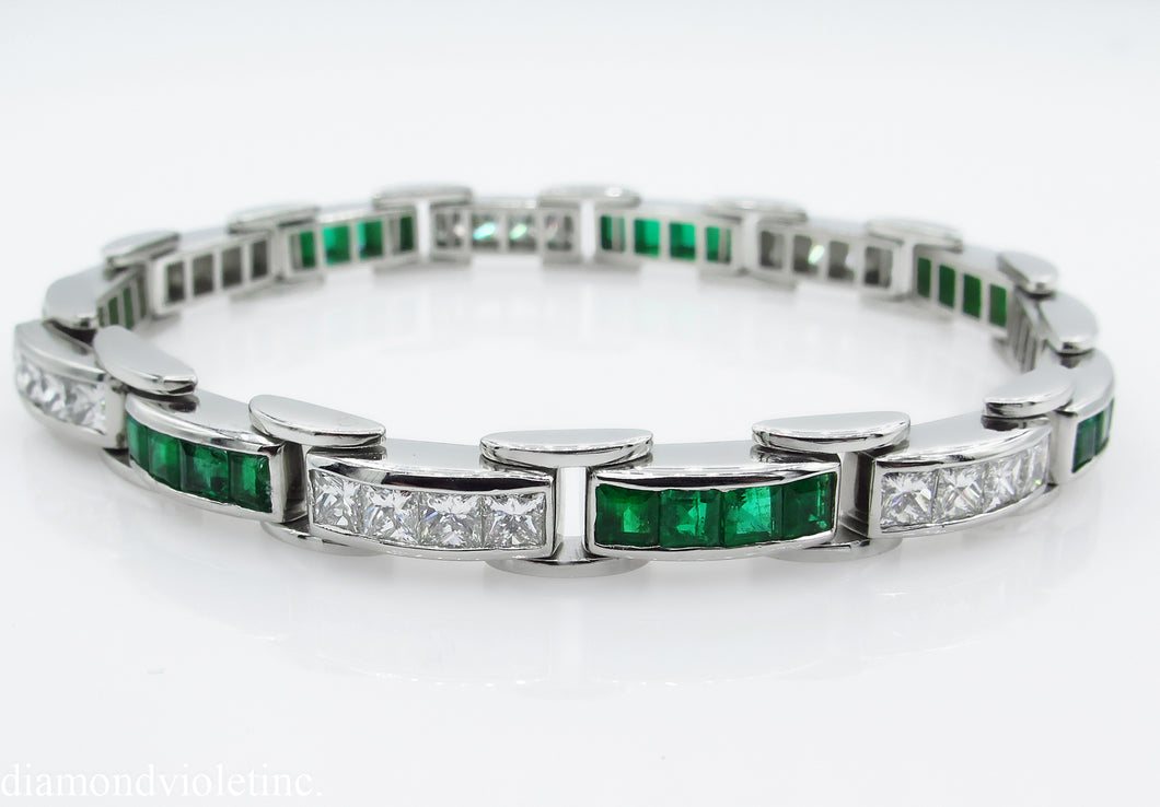 9.10CT ESTATE VINTAGE PRINCESS DIAMOND EMERALD CHANNEL SET TENNIS BRACELET PLAT