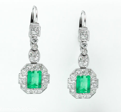 GIA 4.80CT ANTIQUE VINTAGE COLOMBIAN GREEN EMERALD DIAMOND DROP DANGLE EARRINGS