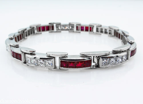 9.10CT ESTATE VINTAGE PRINCESS DIAMOND RUBY CHANNEL SET TENNIS BRACELET PLATINUM