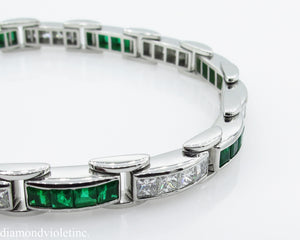 9.10CT ESTATE VINTAGE PRINCESS DIAMOND EMERALD CHANNEL SET TENNIS BRACELET PLAT