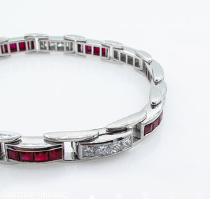 9.10CT ESTATE VINTAGE PRINCESS DIAMOND RUBY CHANNEL SET TENNIS BRACELET PLATINUM