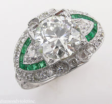 Load image into Gallery viewer, GIA 3.10CT ESTATE VINTAGE OLD EURO DIAMOND EMERALD ENGAGEMENT WEDDING RING PLAT