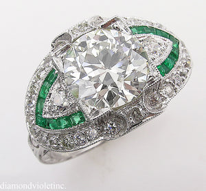 GIA 3.10CT ESTATE VINTAGE OLD EURO DIAMOND EMERALD ENGAGEMENT WEDDING RING PLAT