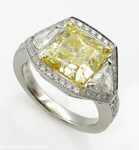 GIA 5.84CT ESTATE VINTAGE FANCY YELLOW CUSHION DIAMOND ENGAGEMENT WEDDING RING