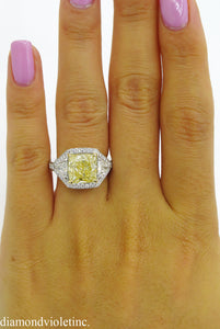 GIA 5.84CT ESTATE VINTAGE FANCY YELLOW CUSHION DIAMOND ENGAGEMENT WEDDING RING