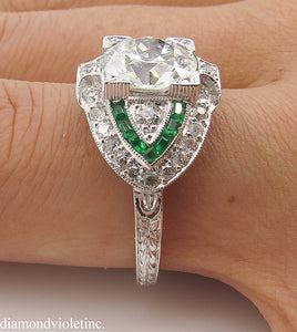 GIA 3.10CT ESTATE VINTAGE OLD EURO DIAMOND EMERALD ENGAGEMENT WEDDING RING PLAT