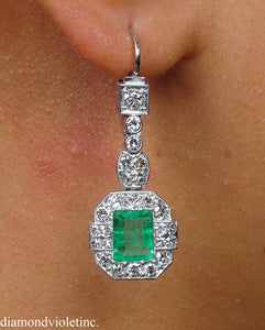 GIA 4.80CT ANTIQUE VINTAGE COLOMBIAN GREEN EMERALD DIAMOND DROP DANGLE EARRINGS