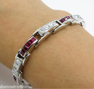 9.10CT ESTATE VINTAGE PRINCESS DIAMOND RUBY CHANNEL SET TENNIS BRACELET PLATINUM