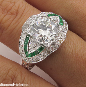 GIA 3.10CT ESTATE VINTAGE OLD EURO DIAMOND EMERALD ENGAGEMENT WEDDING RING PLAT