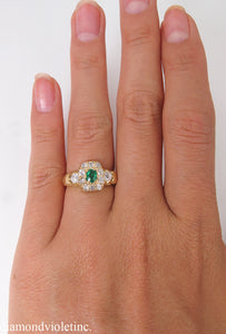 1.00CT ANTIQUE VINTAGE GREEN EMERALD DIAMOND ENGAGEMENT WEDDING CLUSTER RING 18K/Diamond Violet Company, Inc