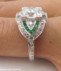 GIA 3.10CT ESTATE VINTAGE OLD EURO DIAMOND EMERALD ENGAGEMENT WEDDING RING PLAT