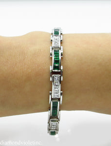 9.10CT ESTATE VINTAGE PRINCESS DIAMOND EMERALD CHANNEL SET TENNIS BRACELET PLAT