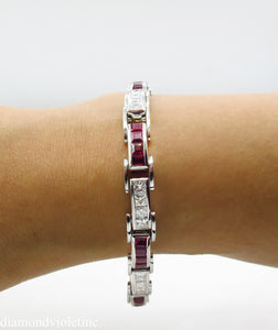 9.10CT ESTATE VINTAGE PRINCESS DIAMOND RUBY CHANNEL SET TENNIS BRACELET PLATINUM