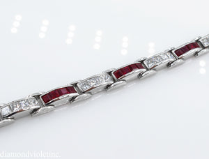 9.10CT ESTATE VINTAGE PRINCESS DIAMOND RUBY CHANNEL SET TENNIS BRACELET PLATINUM