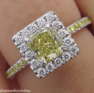 GIA 1.55CT ESTATE FANCY YELLOW RADIANT DIAMOND ENGAGEMENT WEDDING RING PLAT