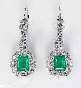 GIA 4.80CT ANTIQUE VINTAGE COLOMBIAN GREEN EMERALD DIAMOND DROP DANGLE EARRINGS