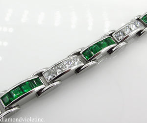 9.10CT ESTATE VINTAGE PRINCESS DIAMOND EMERALD CHANNEL SET TENNIS BRACELET PLAT