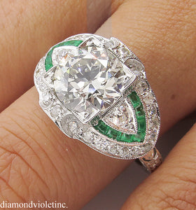 GIA 3.10CT ESTATE VINTAGE OLD EURO DIAMOND EMERALD ENGAGEMENT WEDDING RING PLAT